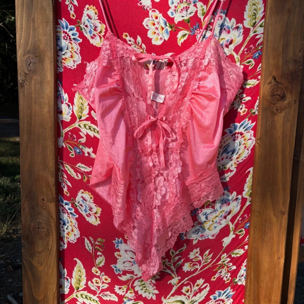 Vintage Pink Lace Tie Front High Waist Cheeky Teddy Bodysuit Lingerie Size M